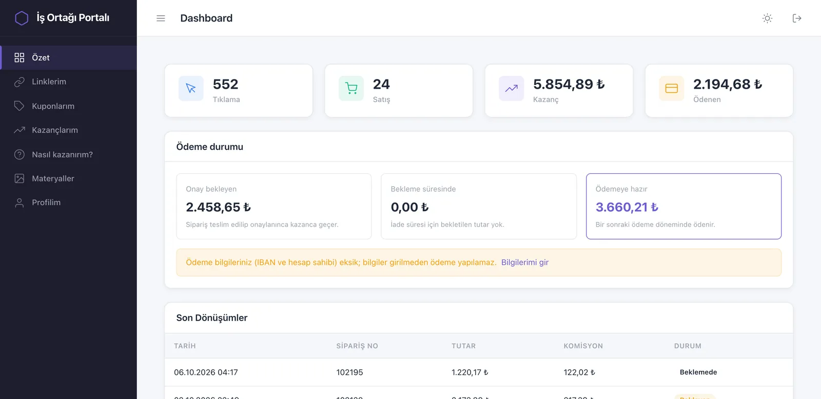 Partner portal: clicks, sales, earnings and payout status
