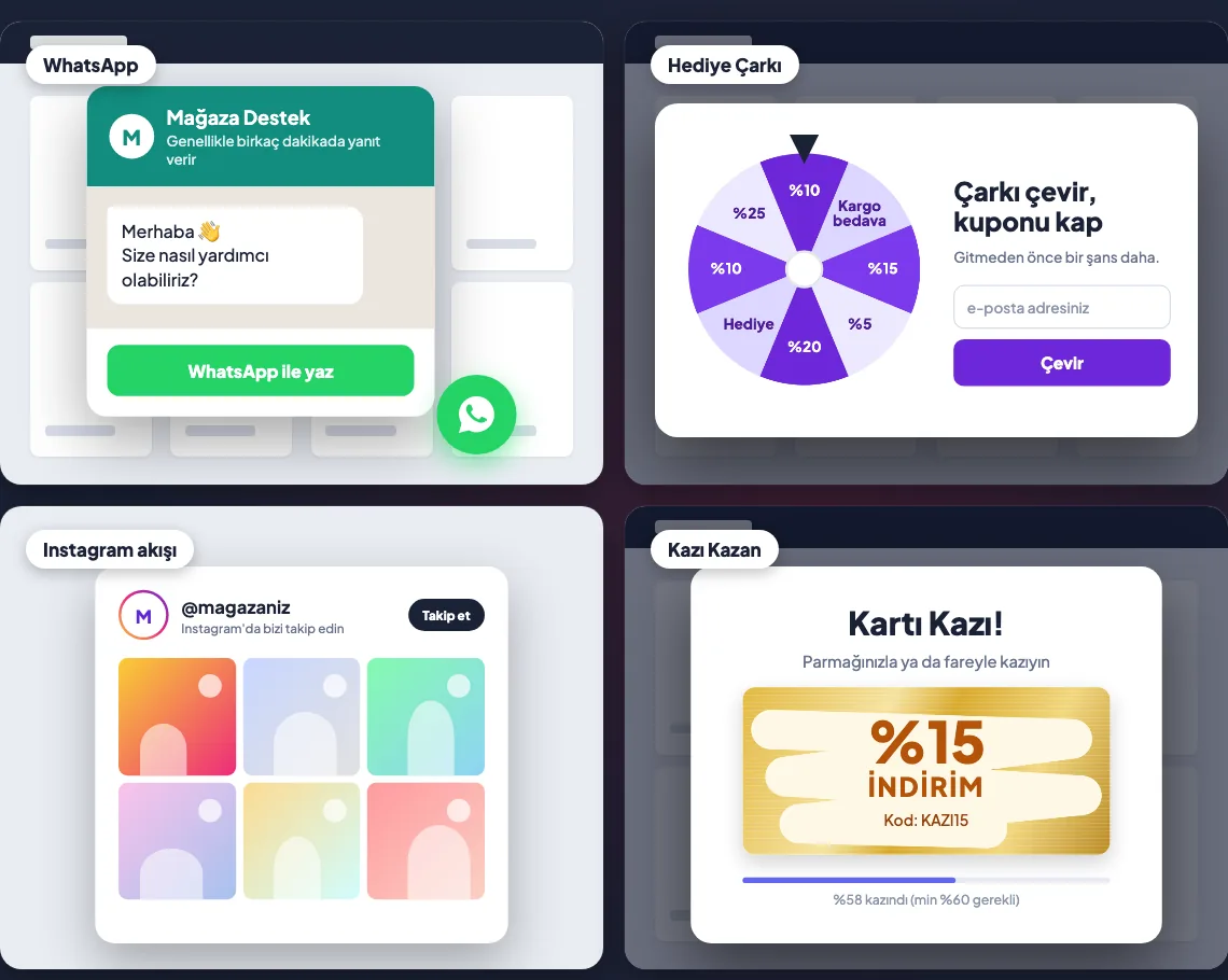 Widget Galerisi: WhatsApp, Hediye Çarkı, Instagram akışı ve Kazı Kazan araçlarından örnekler